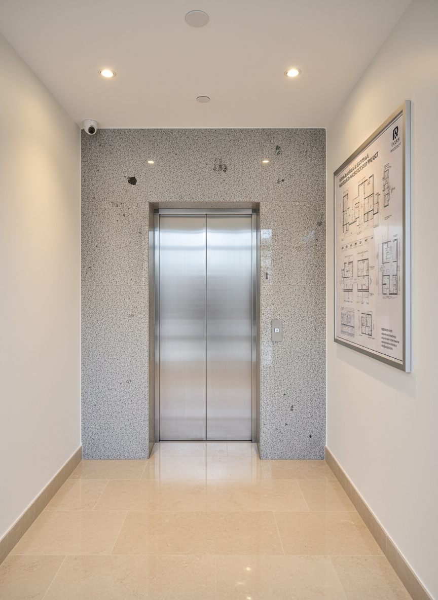 Inside an upgraded apartment lobby of an older building, a newly installed elevator with a brushed stainless-steel door and subtle vertical hairline texture is set into a precisely finished granite-clad wall. Next to it, a clearly printed architectural plan of the urban renewal and elevator addition project is mounted in a slim aluminum frame on a clean, off-white wall. The lobby floor is polished stone with a subtle reflective sheen, leading to a wide, barrier-free approach. Soft, warm LED downlights in the ceiling create controlled, shadow-free illumination in photographic realism, emphasizing cleanliness and technical precision. Shot from an eye-level, symmetrical composition, the atmosphere is professional, safe, and trustworthy, underlining the expertise of a dedicated elevator and urban regeneration team without any clutter or human presence.