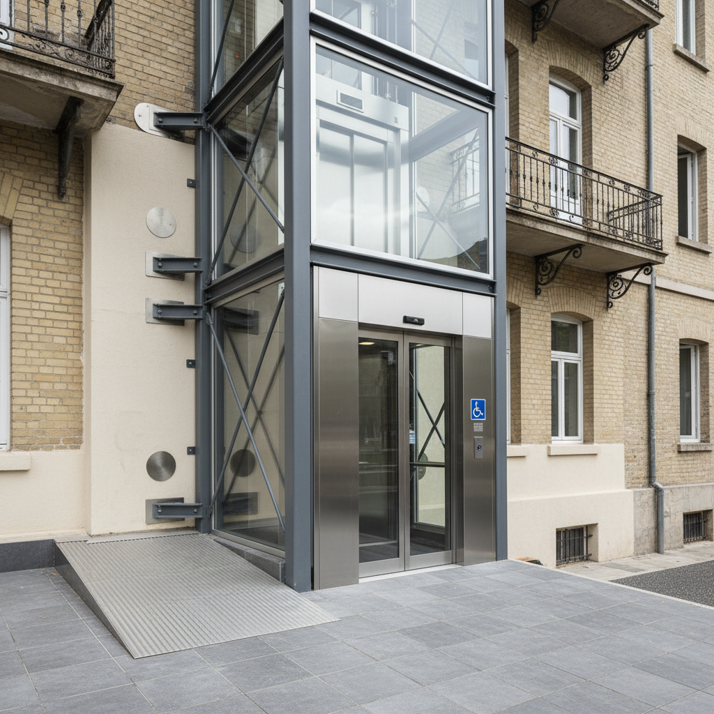 A detailed close-up of an exterior elevator addition on an older residential building, featuring a robust steel frame clad in light-gray aluminum panels and clear laminated glass. The elevator shaft is anchored to a neatly repainted concrete wall with visible seismic reinforcement plates and precision-engineered brackets. At the base, a barrier-free entrance with a gently sloped stainless-steel ramp and non-slip tiles leads to automatic sliding glass doors. Diffused overcast daylight evenly illuminates every surface, emphasizing textures and construction quality. Shot from a slightly low angle in photographic realism, the composition uses the rule of thirds to showcase the engineered connections and safety details, conveying a sense of reliability, compliance with regulations, and meticulous professional planning.