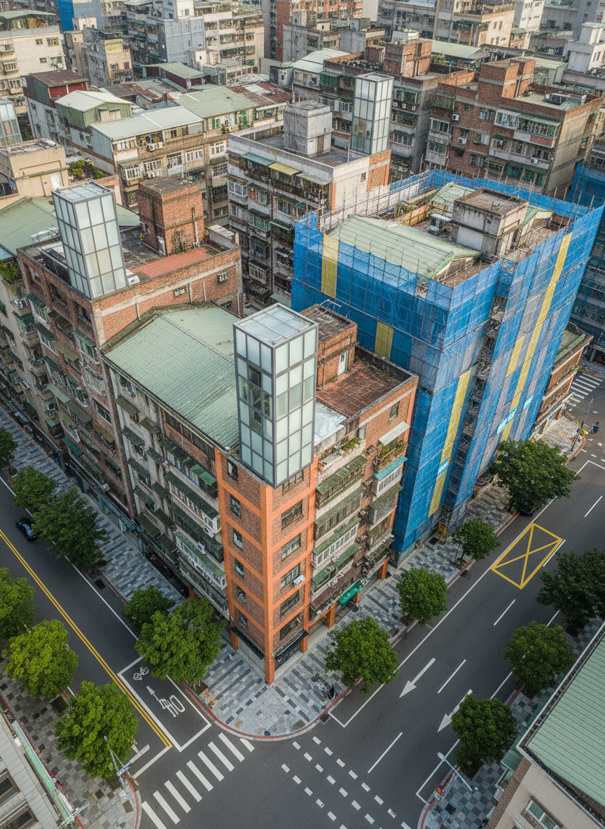 An aerial, bird’s-eye view of a compact urban block in Taipei where several aging low-rise apartments are in different stages of urban renewal and elderly building safety upgrades. Some rooftops show newly installed elevator towers with silver-gray metal and translucent glass, while adjacent structures display color-coded construction zones, seismic reinforcement beams, and cleanly organized scaffolding. Wide streets with designated pedestrian paths, green street trees, and clearly marked zoning lines are visible. Soft midday sunlight provides even photographic realism, minimizing harsh shadows and highlighting the organized layout. The mood is orderly and forward-looking, with the composition emphasizing the contrast between old, weathered roofs and newly upgraded sections, visually narrating comprehensive community-level redevelopment and improved accessibility.
