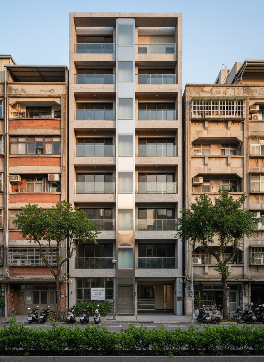 A modern mid-rise residential building undergoing urban renewal, with freshly reinforced concrete structure and sleek glass balcony railings, stands between two visibly older brick apartment blocks. At the base, a newly added stainless-steel elevator shaft with frosted glass panels is seamlessly integrated into the façade, its brushed metal surfaces catching the light. The scene is set on a clean, tree-lined Taipei street with orderly parked scooters and clear signage for urban regeneration. Soft late-afternoon natural light illuminates the buildings, creating gentle shadows and a calm, professional atmosphere. Captured at eye level in photographic realism, with sharp focus on the upgraded structure and a slightly blurred foreground of planted shrubs, the composition highlights progress, safety, and quality construction.