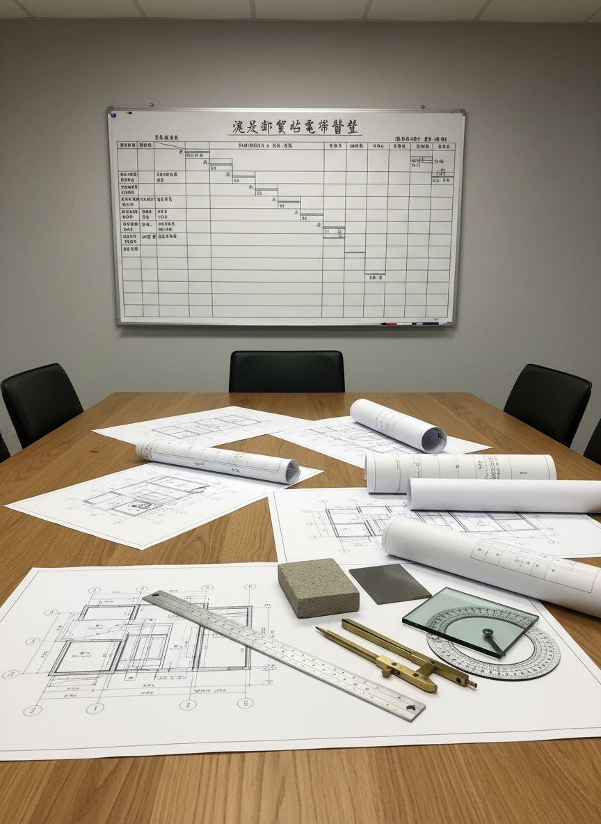 A professional project planning workspace featuring a large, tidy wooden table covered with detailed blueprints of an old building elevator addition and urban renewal scheme. Architectural drawings with clearly visible elevator shaft cross-sections, structural reinforcement details, and accessibility diagrams are spread out alongside a silver metal scale ruler, calibrated measuring tools, and neatly labeled material samples such as textured concrete, brushed aluminum, and laminated safety glass. In the background, a whiteboard with a clean Gantt chart for a “危老都更與電梯增設” schedule is mounted on a light gray wall. Soft studio lighting from above casts gentle, even illumination in photographic realism, creating minimal shadows. Captured from a slightly elevated angle, the composition conveys a calm, methodical, and highly professional planning process.