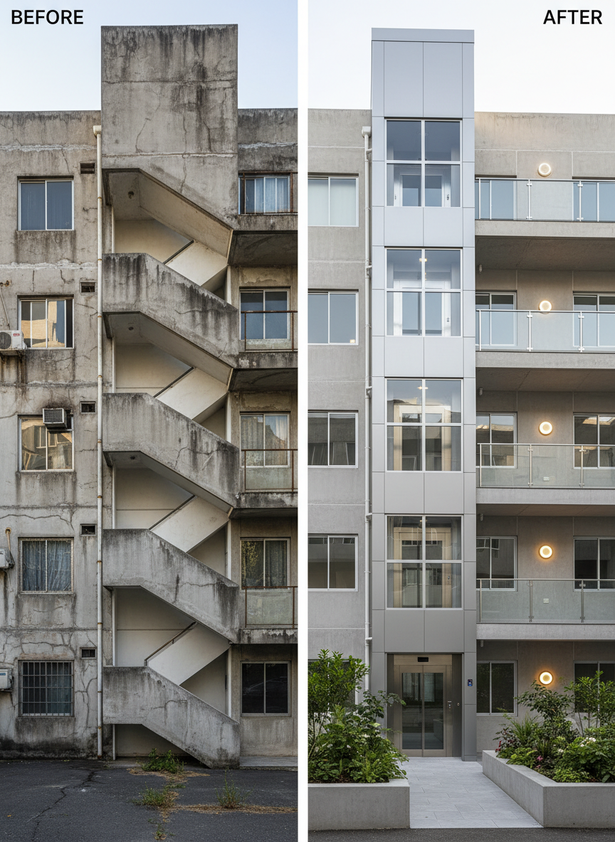 A clear before-and-after split image of the rear façade of an aging five-story apartment block. On the left, the original weathered concrete exterior shows narrow stairwell windows and no elevator access. On the right, the renewed version displays a newly integrated exterior elevator tower with matte silver metal panels, large safety-glass windows, and widened landings connected by clean, tiled walkways. The surrounding area is landscaped with fresh planters and improved lighting fixtures on the walls. Gentle morning daylight casts soft shadows, enhancing texture differences between old and upgraded areas. Photographic realism and a carefully aligned, straight-on composition emphasize precision, accessibility improvement, and safety-focused urban renewal, making the contrast in quality and functionality immediately clear.